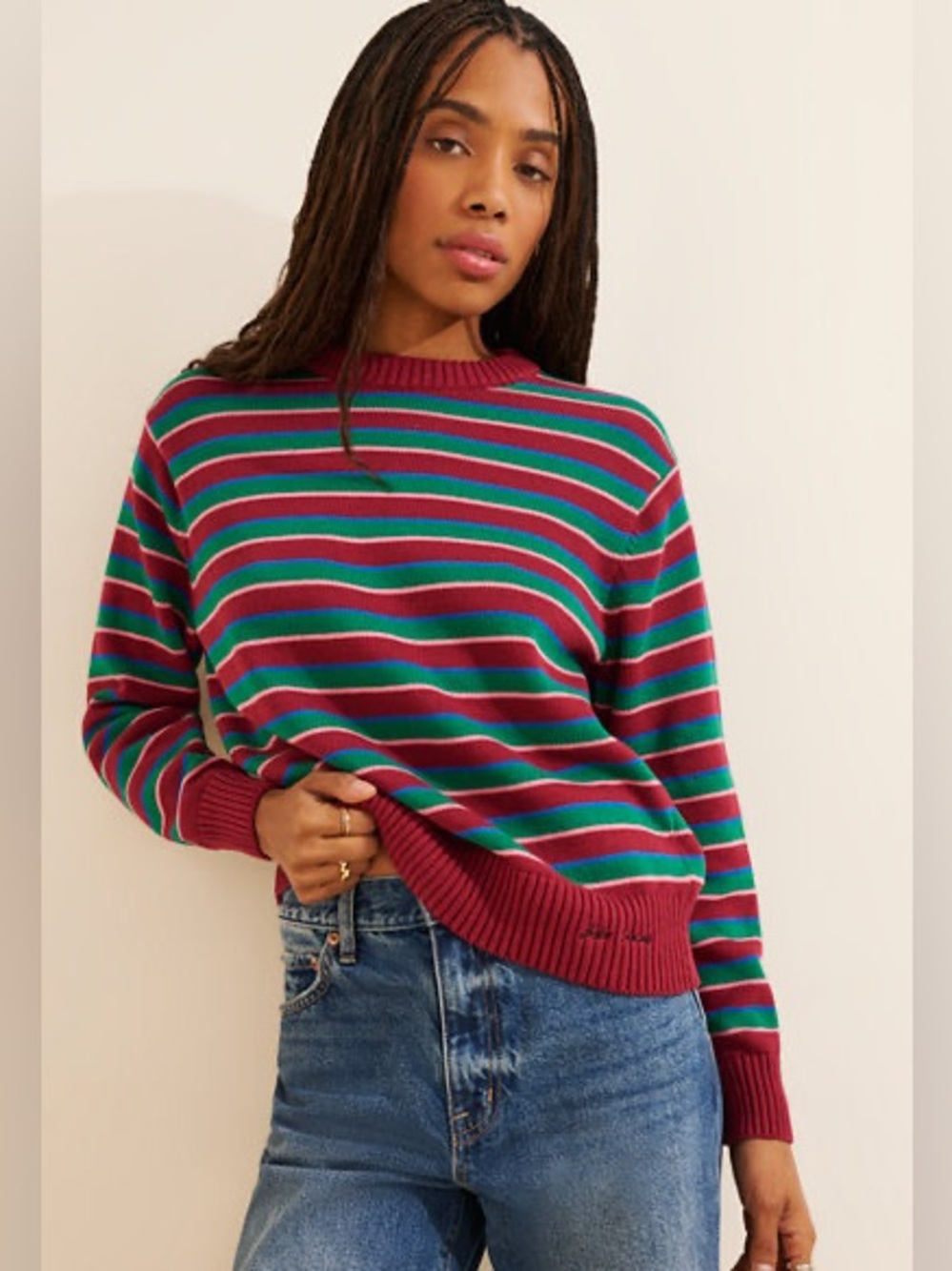 Bobo Choses Womens Organic Cotton Striped Knit Sweater Burgundy Green Blue S